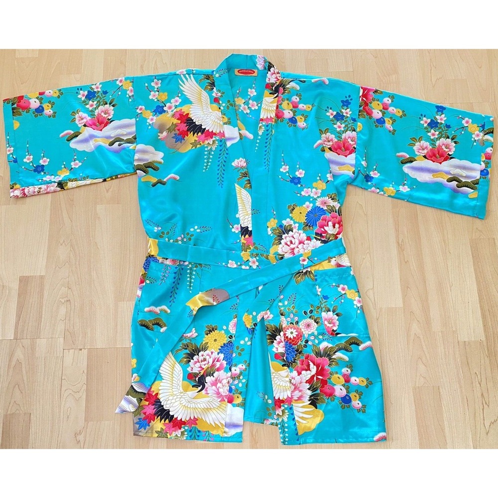 Shanghai Soho Womens Kimono Robe Blue Floral Asian Print Tie Waist Long Sleeve
